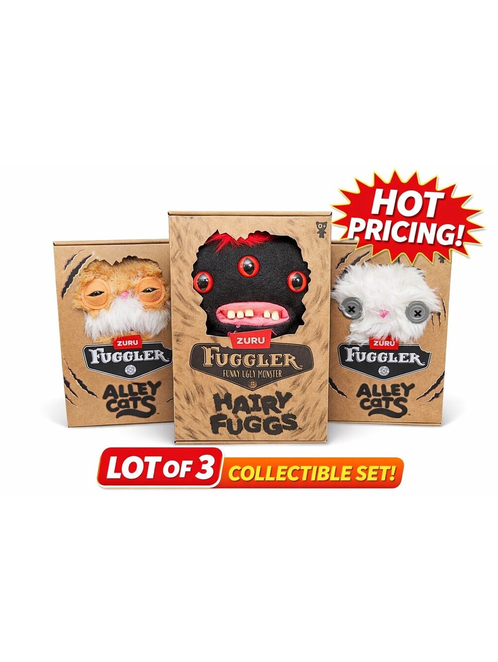 ZURU Fuggler Lot 3 Hairy Fuggs & Alley Cats NEW NIB Funny Ugly Monster Plush